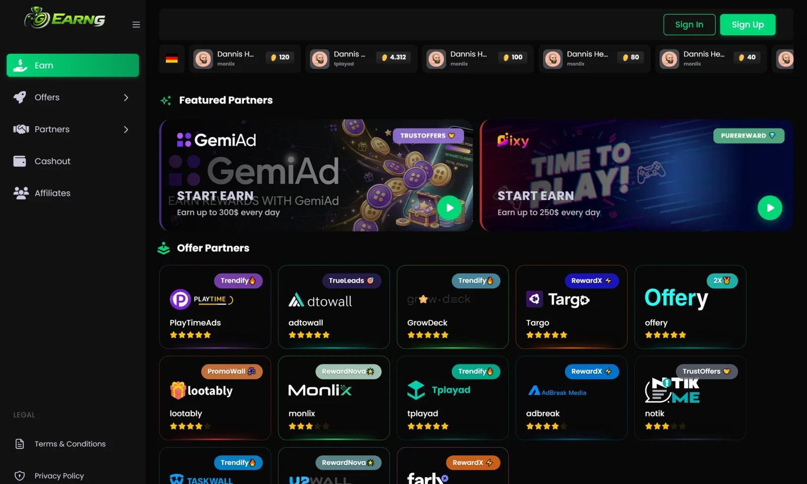 EarnG website